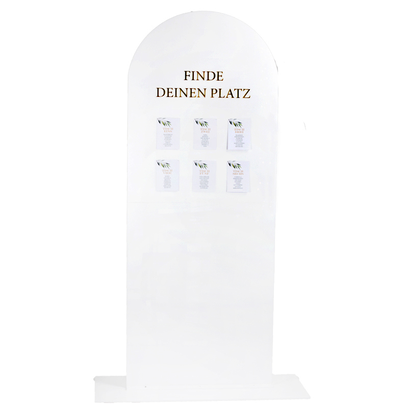 Sitzplan/ Schild "Finde deinen Platz" Acryl round bow weiss [mieten]