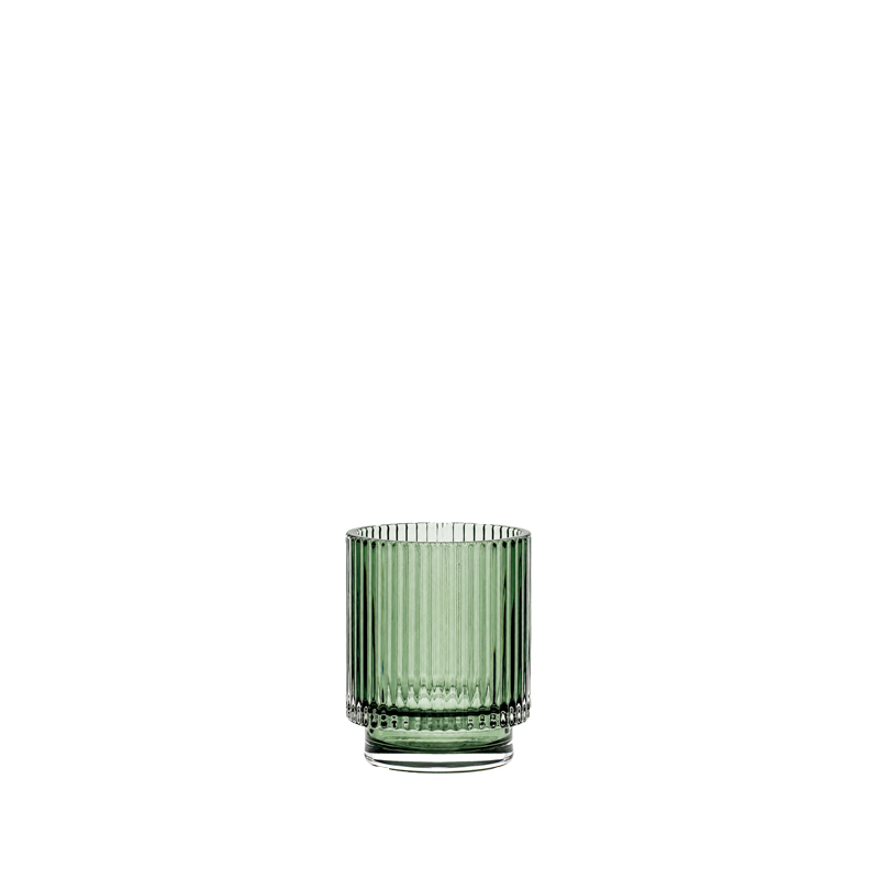 Vase Teelichthalter Rille, Glas grün mieten für Hochzeit und Event Tischdekoration