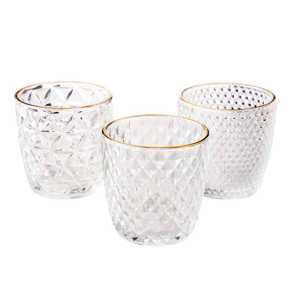 Vase/ Teelichtglas klar Kristall mit Goldrand Raute mieten Hochzeit Deko
