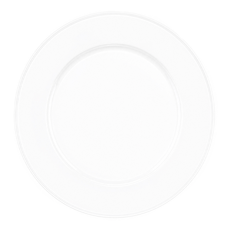 Moderner Platzteller 33cm Glas klar  mit feinem weissem Rand mieten für Hochzeit Event Party Gala
