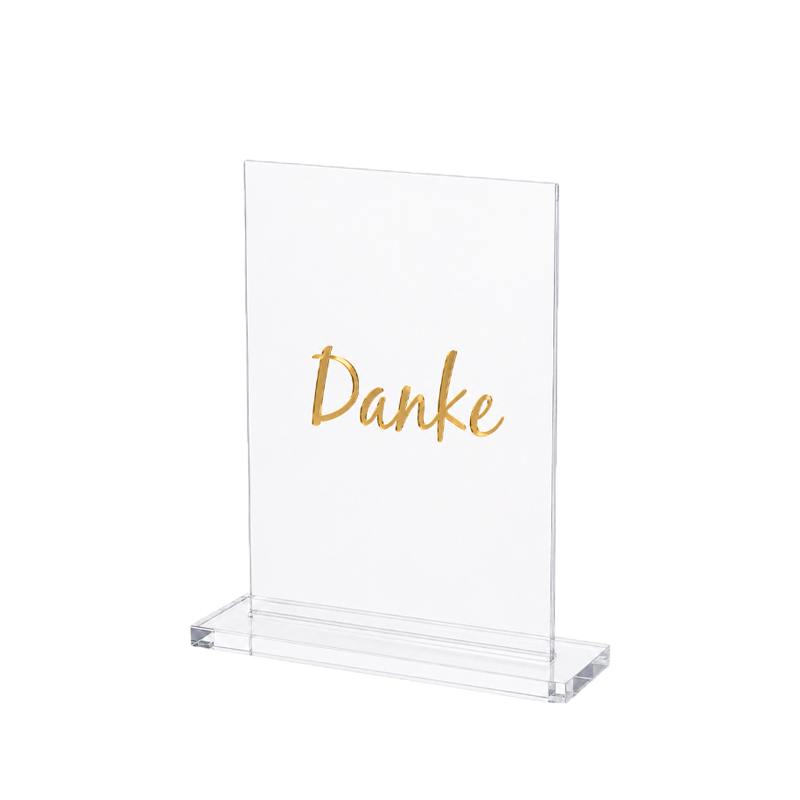 Schild/ Aufsteller Danke Acryl eckig klar Schrift gold mieten für Geschenketisch Hochzeit