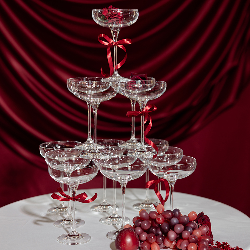 Sektschale Champagnerschale Glas klar mieten | Verleih Hochzeit, Feier, Trauung, Sektempfang, Veranstaltung Sektpyramide 2