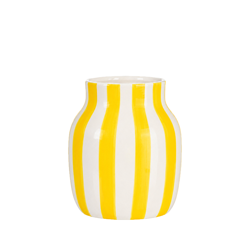 Vase Keramik weiss-gelb klein Streifen mieten | Verleih Hochzeit Event Feier Tischdeko Sommerfest Party