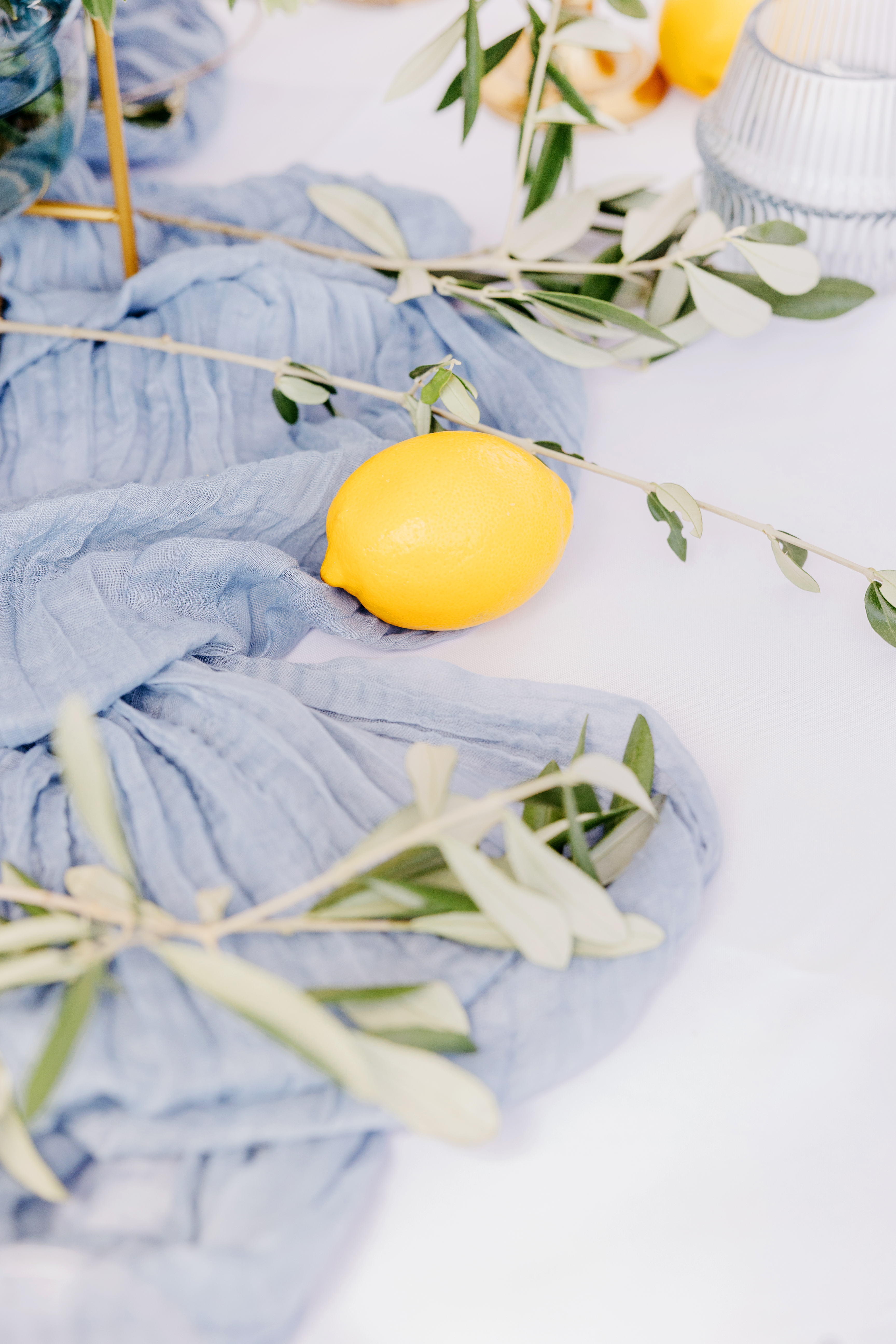 Tischdekoration_Hochzeit_Zelt_Weingut_Bihlmayer_mediterran_weiss_blau_olive_zitrone_2