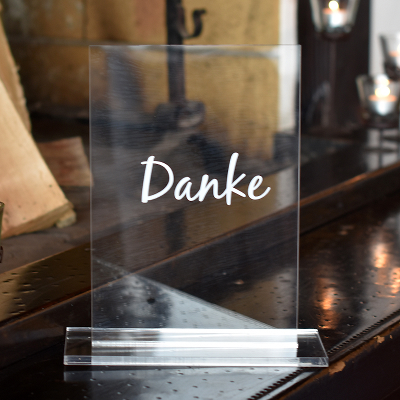 Schild/ Aufsteller Danke Acryl eckig klar Schrift weiss mieten für Geschenketisch Hochzeit