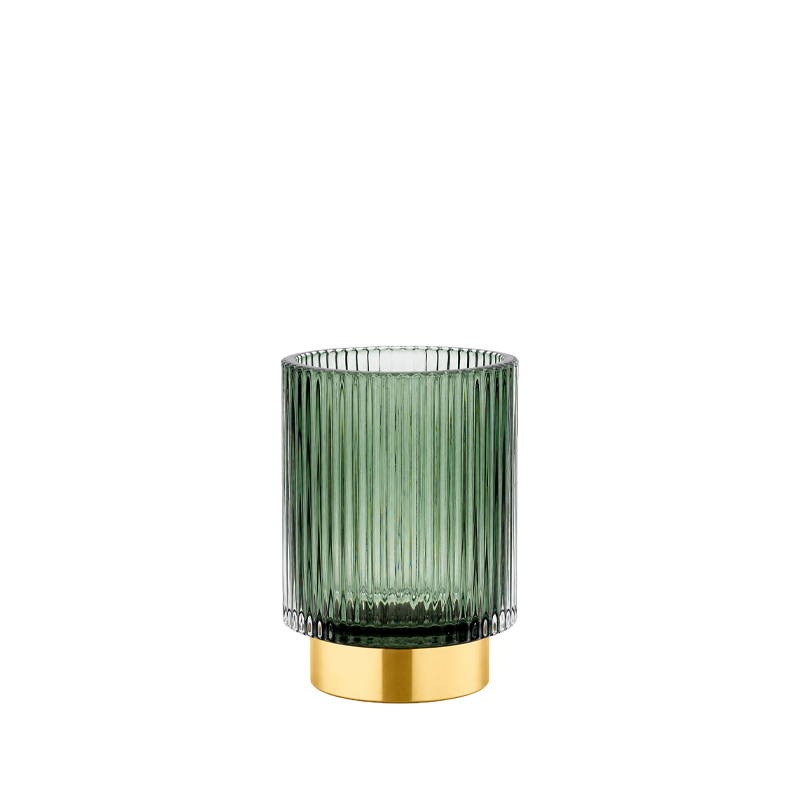 Vase Teelichthalter Rille, Glas grün mit Goldfuß mieten für Hochzeit und Event Tischdekoration