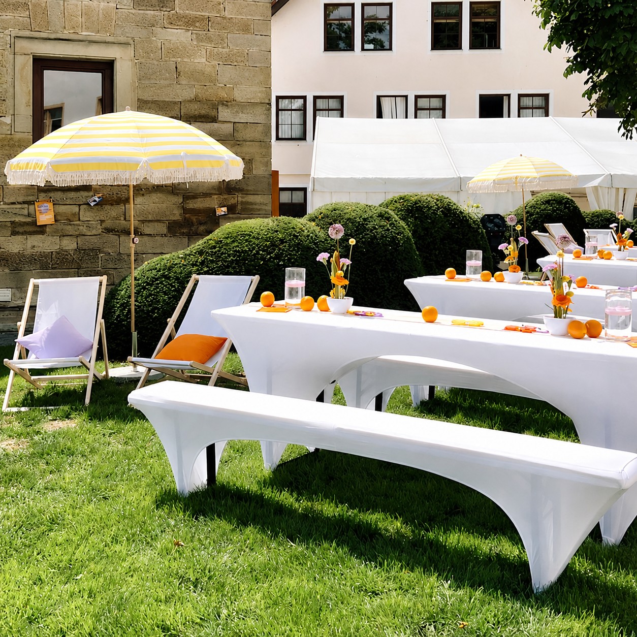 Biertischhussen-Set Stretch Übergröße 70cm Festbankhussen Festbankgarniturhussen mieten | Verleih Firmenevent Messe Sommerfest Veranstaltung B2B Catering