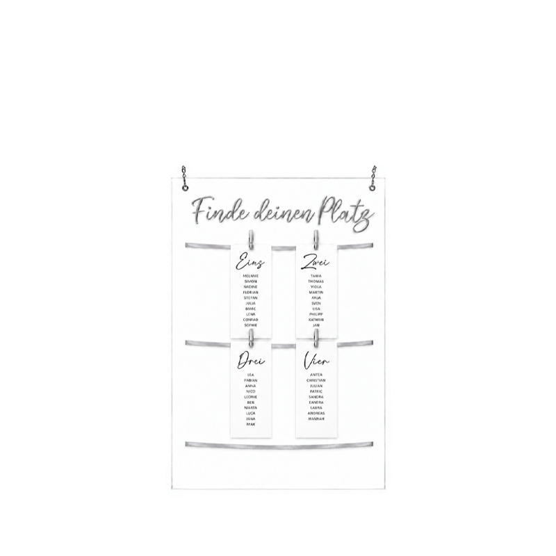 Sitzplan Tischplan Acryl silber Schild Finde deinen Platz für Hochzeit und Veranstaltung [mieten]