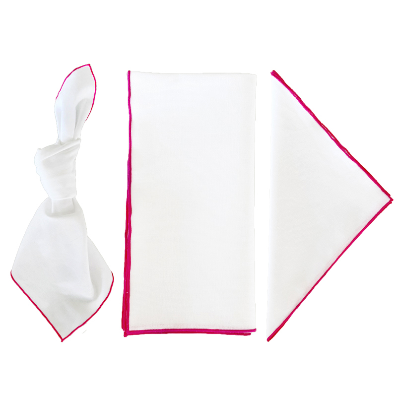 Serviette Leinen 45x45cm |  weiss rand pink | mieten | Verleih für Hochzeit geburtstag Event
