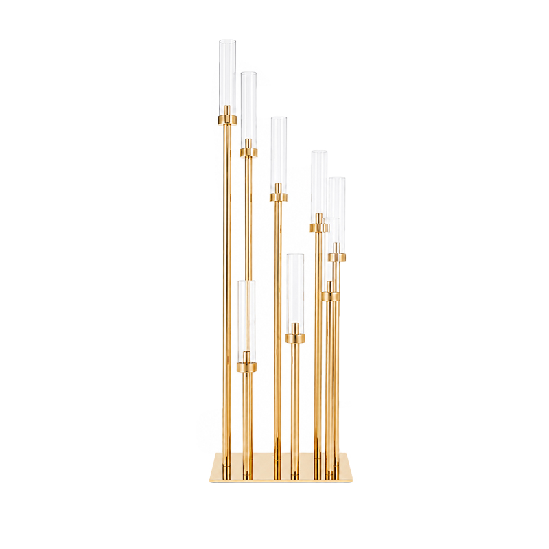 Kerzenständer gold Line 10-arm mit Glas | Kerzenhalter | Kerzenleuchter mieten für Hochzeit, Feier, Event