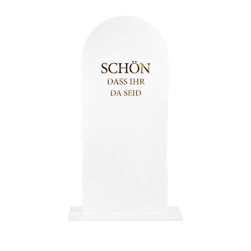Willkommensschild "Schön dass ihr da seid" Acryl round bow weiss mieten für Hochzeit und Feier