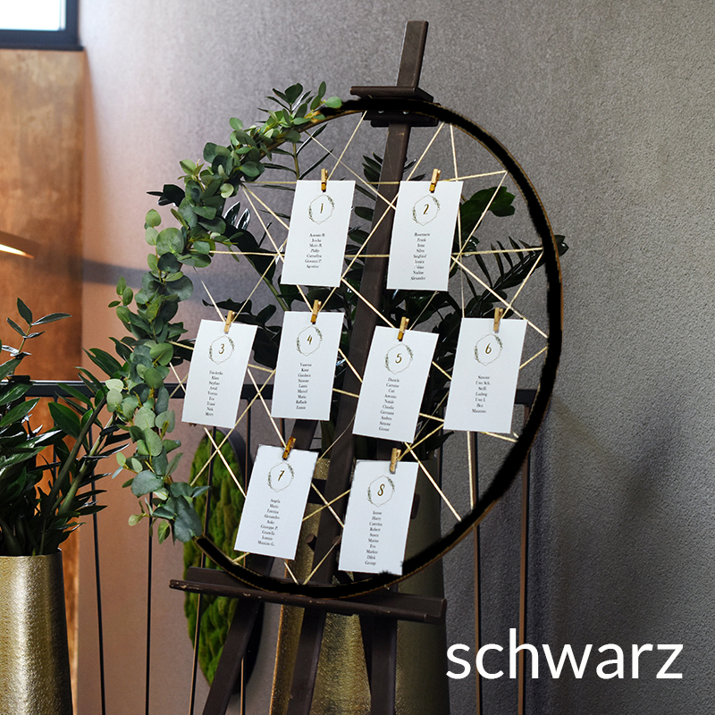 Sitzplan Tischplan Willkommensschild Hoop schwarz für Staffelei mieten Hochzeit & Feier