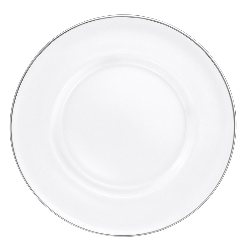 Exklusiver Platzteller 33cm Glas klar mit feinem Silberrand mieten für Hochzeit Event Party