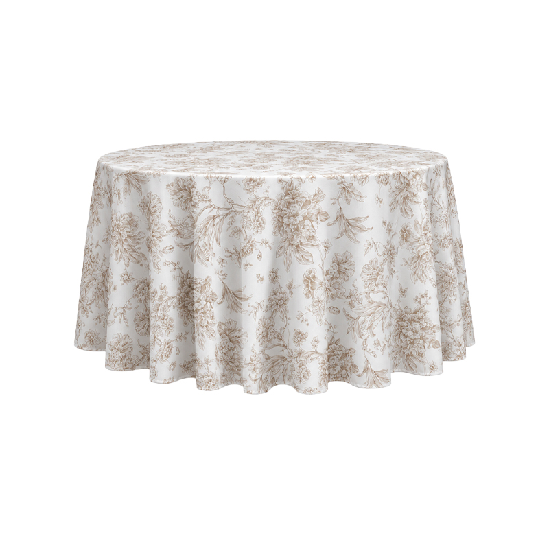 Tischdecke_Polyester_rund_305cm_floral_blumig_taupe_mieten_I_Verleih_Hochzeit_Feier_Event_Geburtstag_Catering_Firmenevent