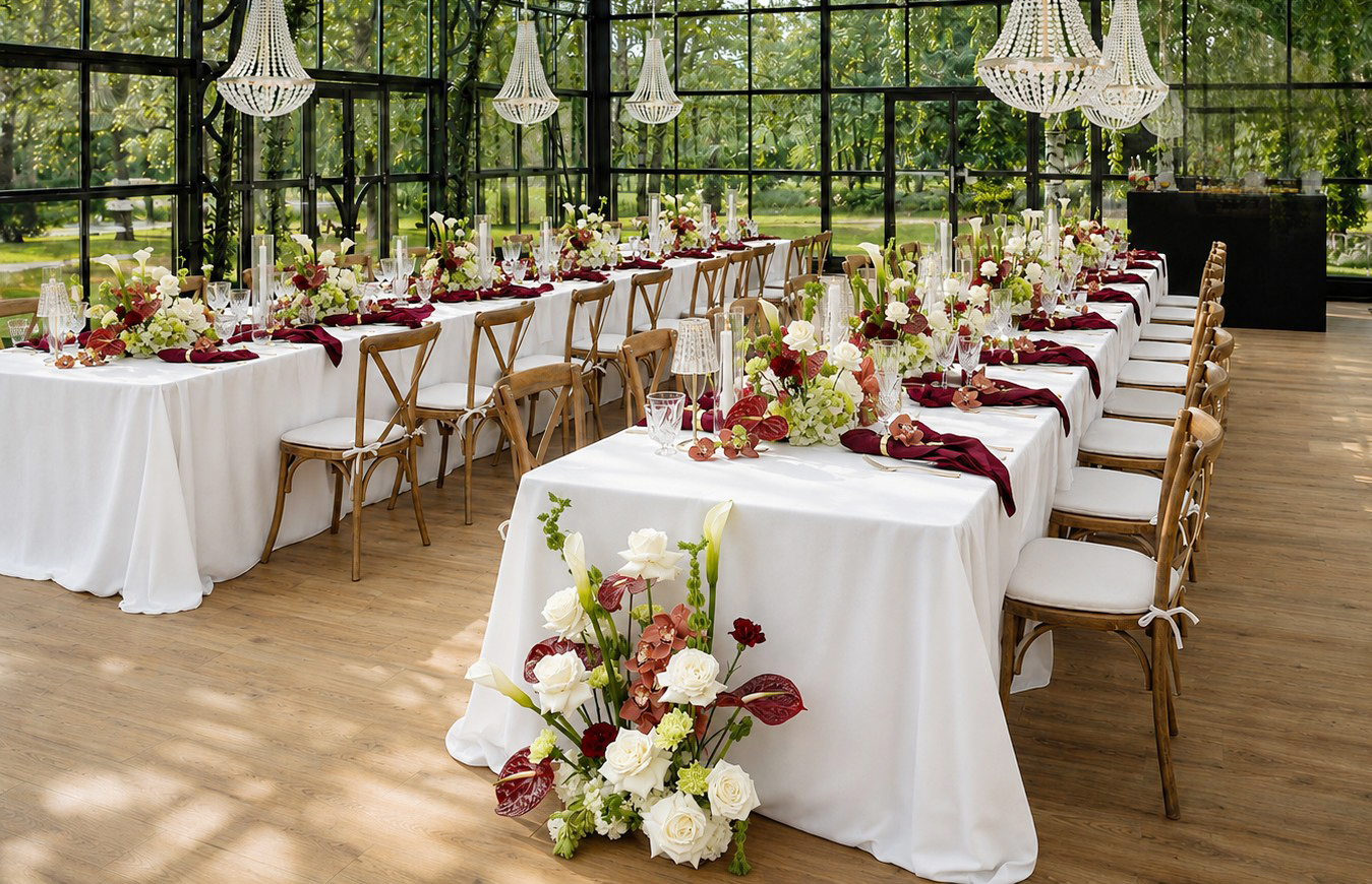 Tischdeko_lange_Tafeln_edel_weiss-gruen_bordeaux_Schloss_Lautenbach_2