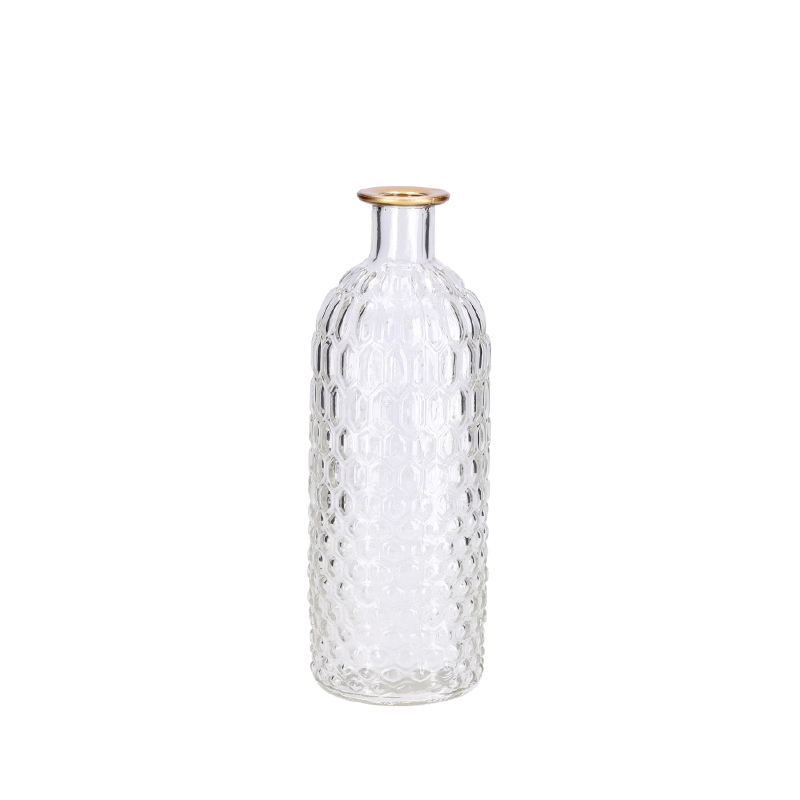 Flaschenvase Glas klar Waben Goldrand mieten für Hochzeit und Event Tischdekoration