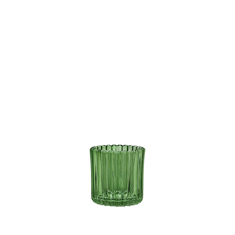 Vase Teelichthalter breite Rille Glas olivgrün mieten für mediterrane Tischdeko Hochzeit, Geburtstag, Feier, Event