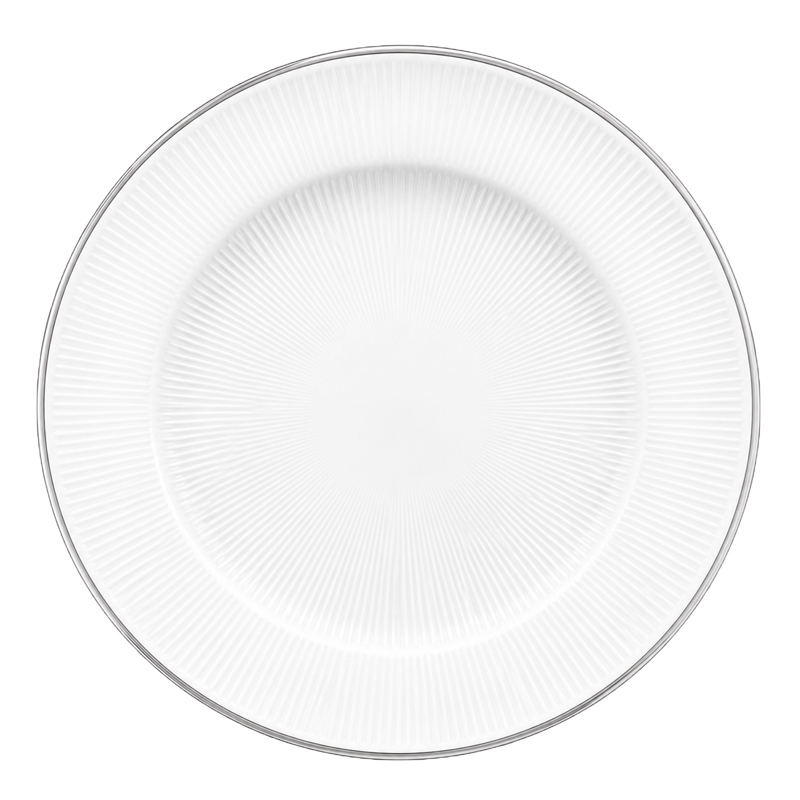 Platzteller 33cm Kunststoff klar mit Rillenoptik silber mieten für Hochzeit Event Geburtstag