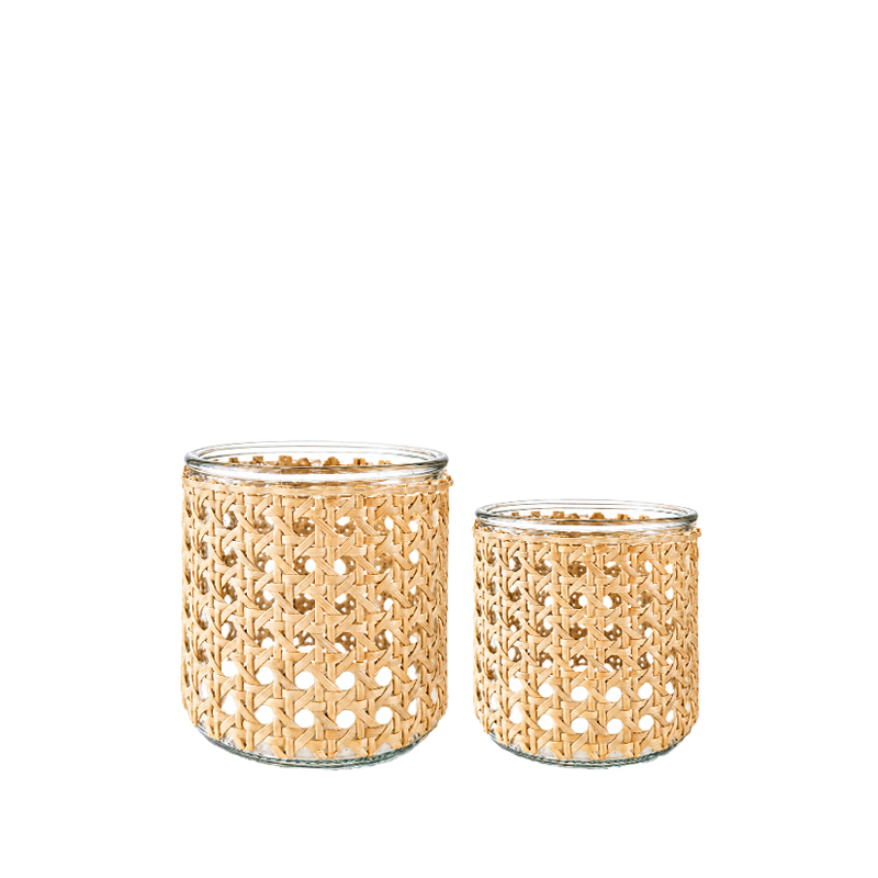 Teelichthalter geflochten Rattan mit Glaseinsatz mieten für Events, Hochzeit