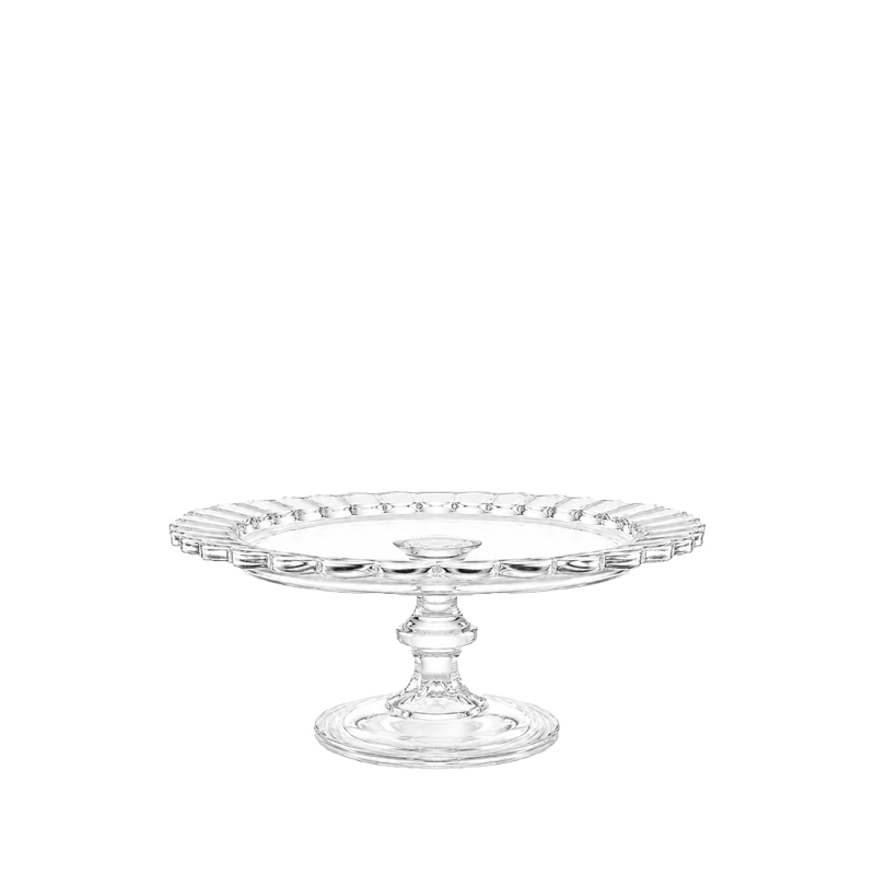 Glasteller rund auf Fuss Raute, Glas klar mieten für Hochzeit und Event Blumenteller
