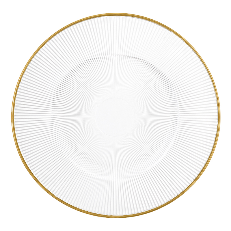Edler Platzteller 33cm Glas Rillenoptik Goldrand mieten für Hochzeit Event Veranstaltung