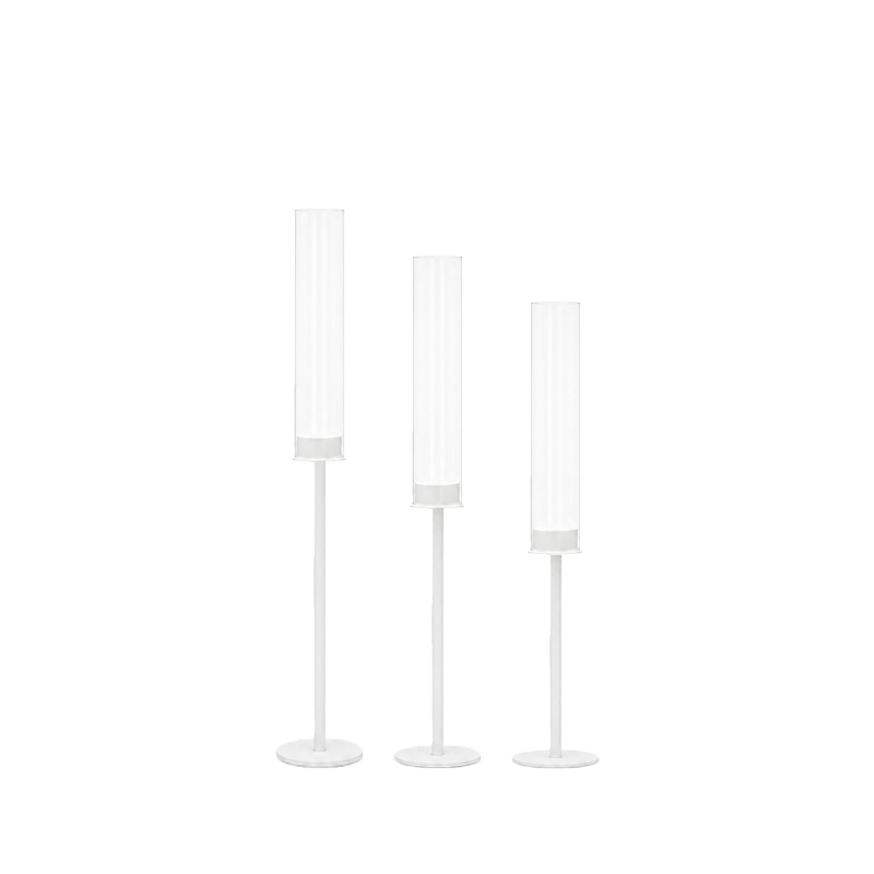 Kerzenständer | Kerzenleuchter | Kerzenhalter Line 1-arm mit Glaszylinder Glasaufsatz weiss | mieten für Hochzeit, Geburtstag, Firmenfeier, Event