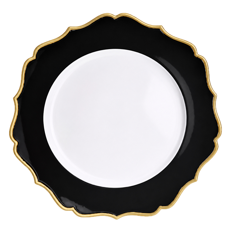 Platzteller_Eleganz_Kunststoff_rund_weiss_schwarz_Goldrand_wellenrand_33cm_mieten_Verleih_Hochzeit_Firmenfeier_Geburtstag