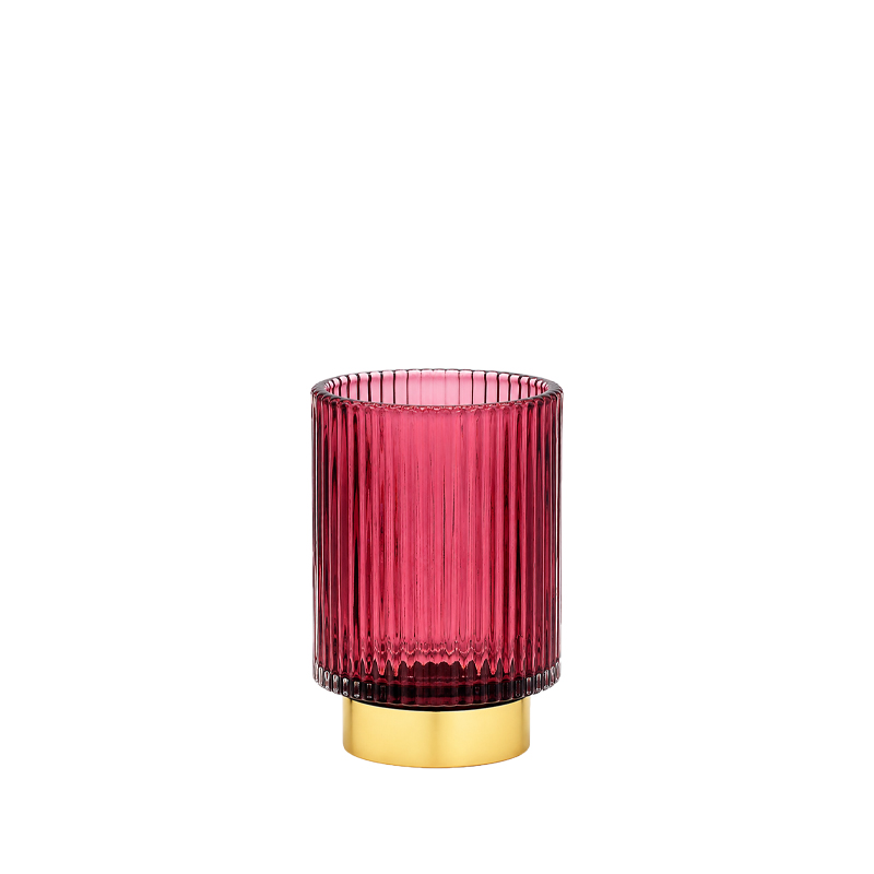 Vase Rille, Glas burgund mit Goldfuß mieten für Hochzeit und Event Tischdekoration