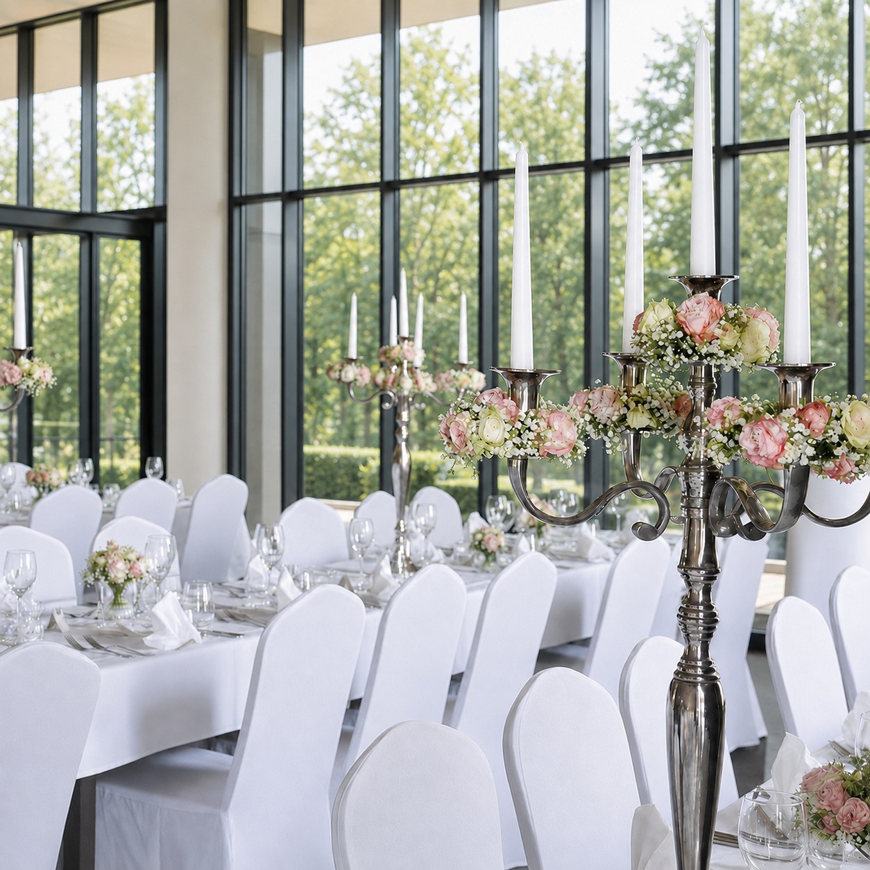Hochwertige Stuhlhusse Banketstuhl Brillant mit Spitze weiss Hochzeit Geburtstag Feier Verleih 2