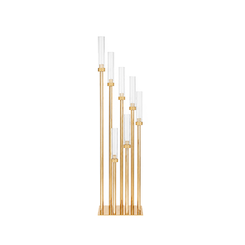 Kerzenständer | Kerzenhalter | Kerzenleuchter  Line gold 7-arm mit Glasaufsatz Zylinder mieten Verleih Hochzeit und Event 1