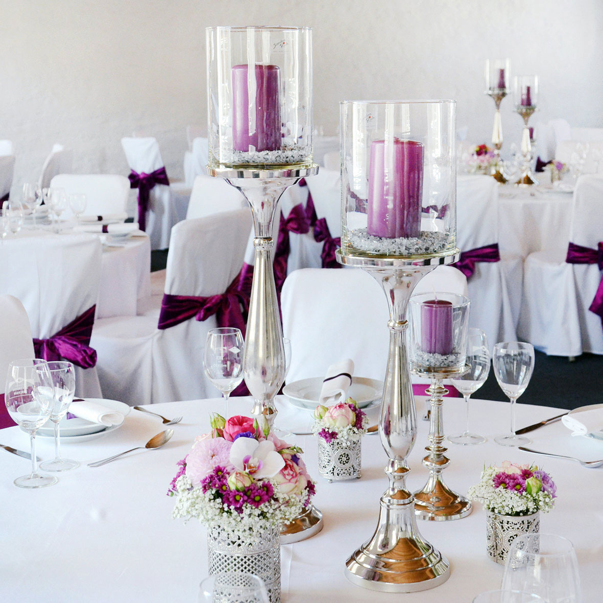 Kerzenständer | Kerzenhalter 1-arm silber mit Glasaufsatz mieten für Hochzeit und Event