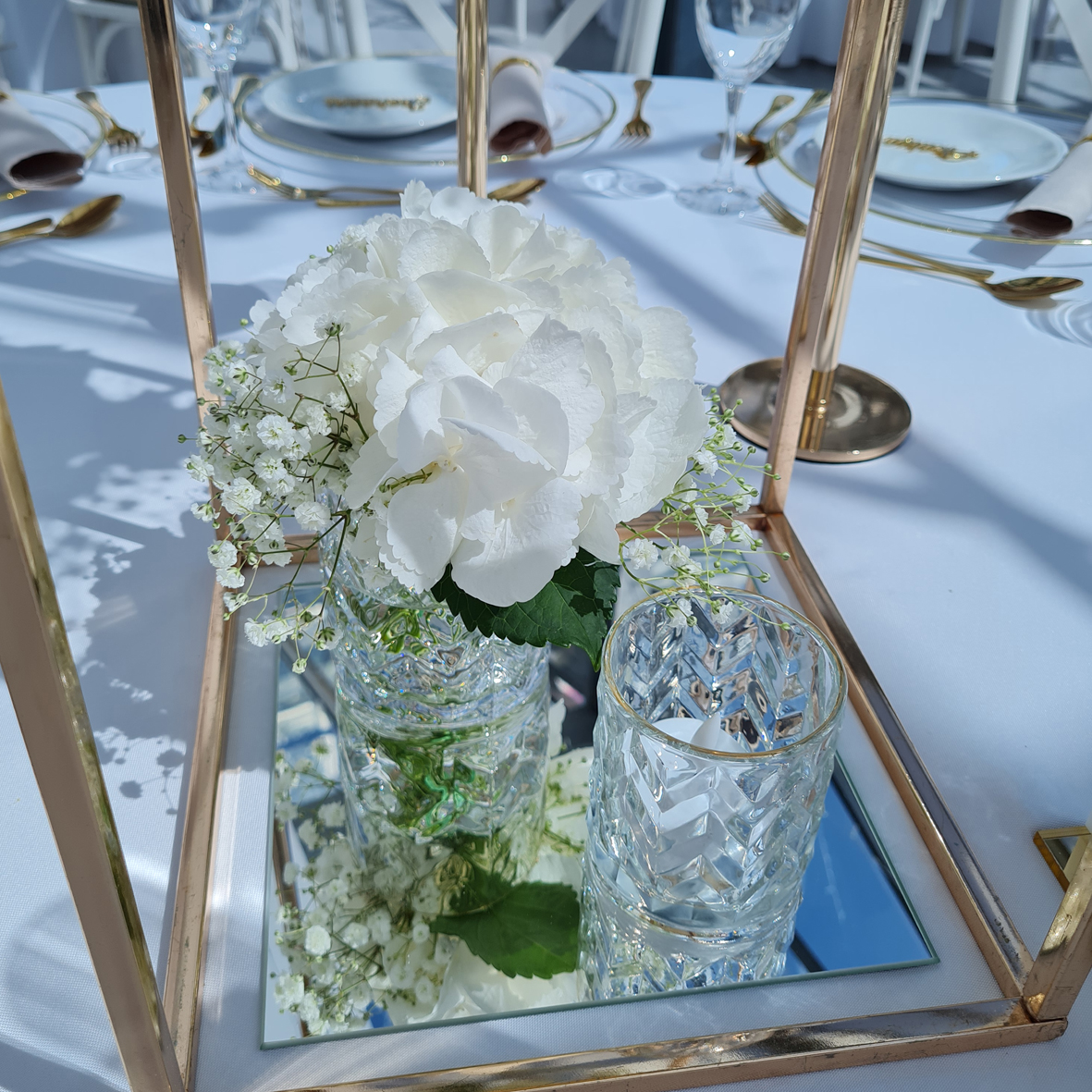 Vase konisch/ Teelichthalter Kristall Goldrand gold Glas Spiegel mieten Tischdeko Hochzeit