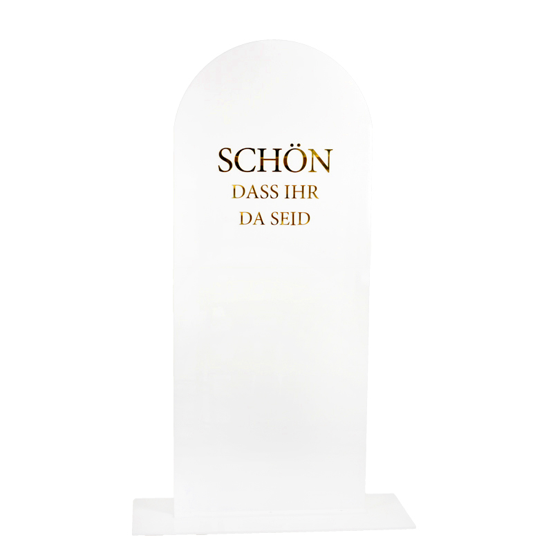 Willkommensschild "Schön dass ihr da seid" Acryl round bow weiss mieten für Hochzeit und Feier