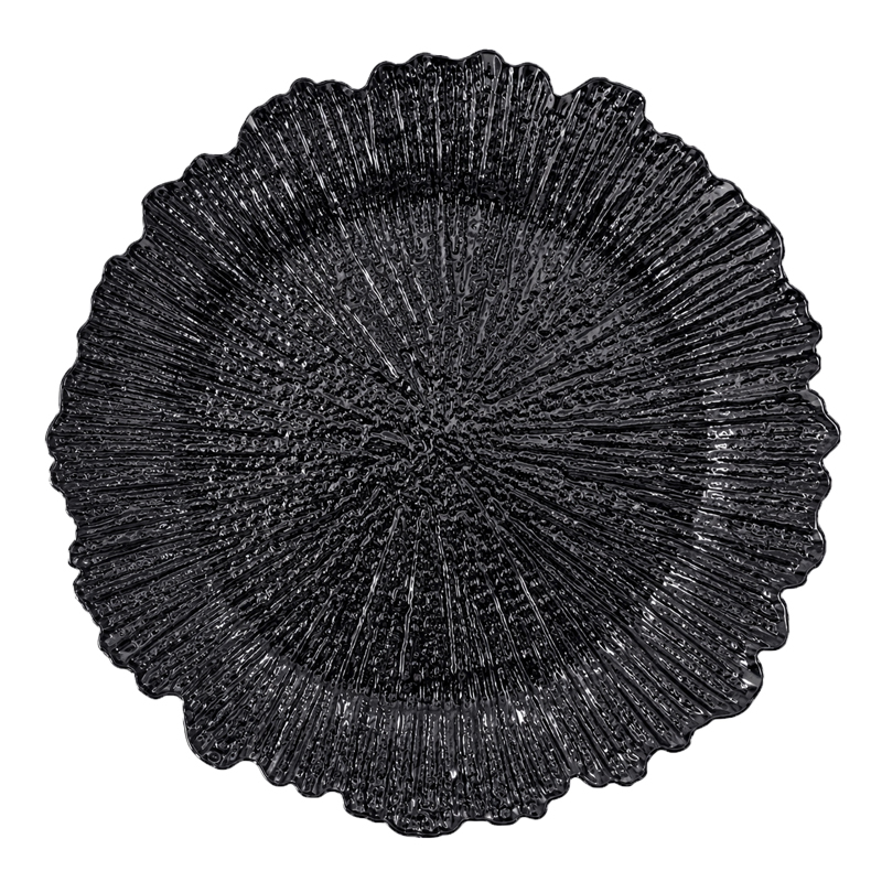 Platzteller 33cm Kunststoff in schwarz Flower Blume mieten für Hochzeit Gala Veranstaltung