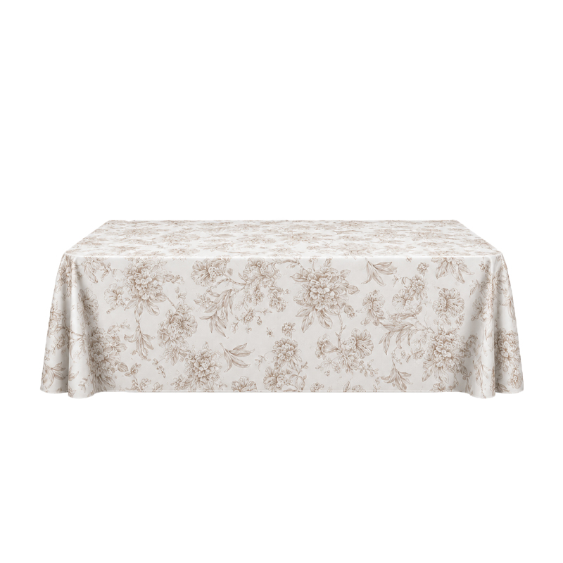Tischdecke_Polyester_rechteckig_1,50x2,60cm_floral_blumig_taupe_mieten_I_Verleih_Hochzeit_Feier_Event_Geburtstag_Catering_Firmenevent
