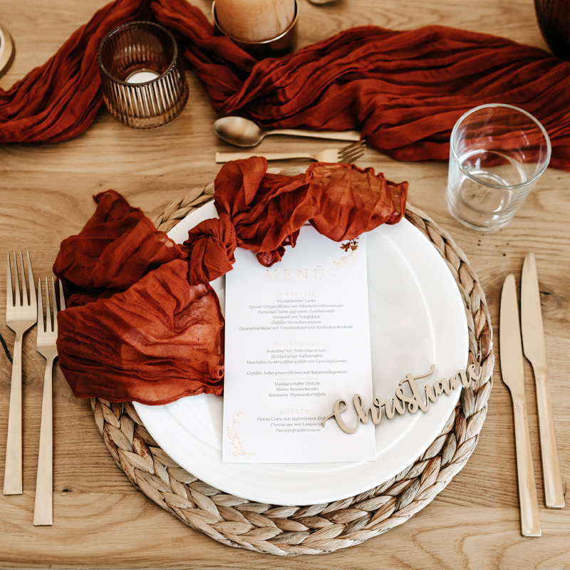 Serviette Musselin terracotta | rost mieten Hochzeit Tischdekoration Verleih
