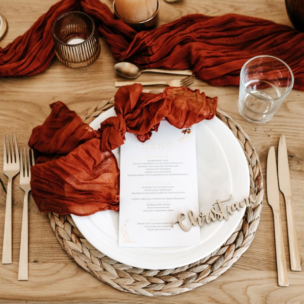 Serviette Musselin terracotta | rost mieten Hochzeit Tischdekoration Verleih