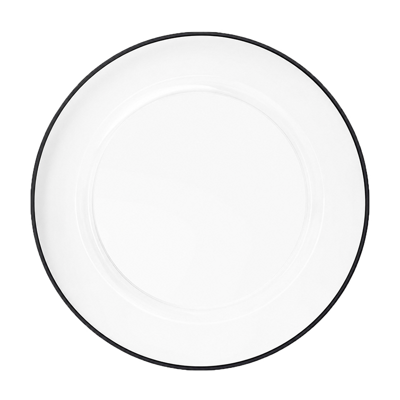 Platzteller 30,5cm Kunststoff in klar mit Rand schwarz mieten für Hochzeit Event Gala