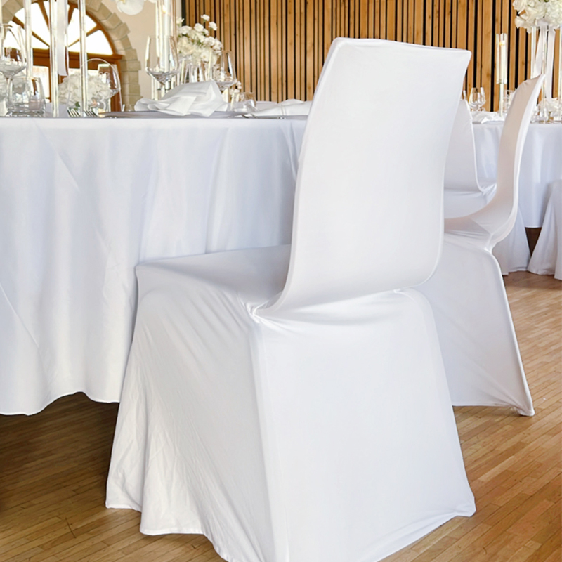 Stuhlhusse weiss flexibel universell modern für Stühle Stretch mieten | Verleih Hochzeit Event Geburtstag Party Feier