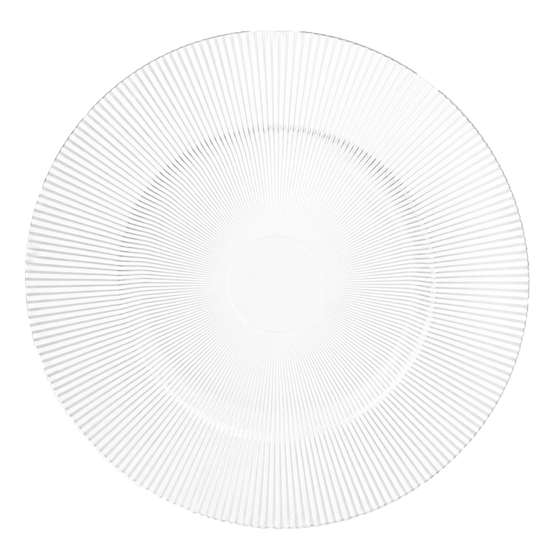 Platzteller 33cm Kunststoff in Rillenoptik klar transparent mieten für Hochzeit Feier Event