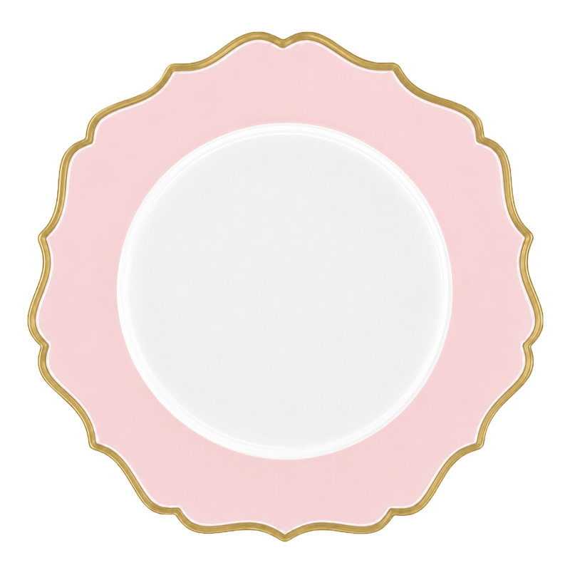 Platzteller_Eleganz_Kunststoff_rund_weiss_rosa_Goldrand_wellenrand_33cm_mieten_Verleih_Babyparty_JGA_Hochzeit_Firmenfeier_Geburtstag