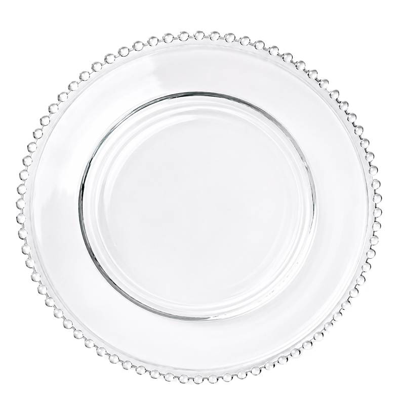 Moderner Platzteller 33cm Glas klar mit Rand Perlenoptik mieten für Hochzeit Event Feier Gala