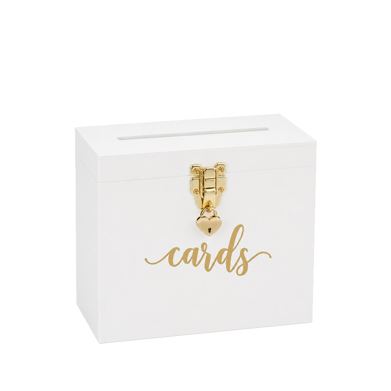Kartenbox für Umschläge aus Acryl weiss mit goldener Aufschrift Cards für Hochzeit mieten