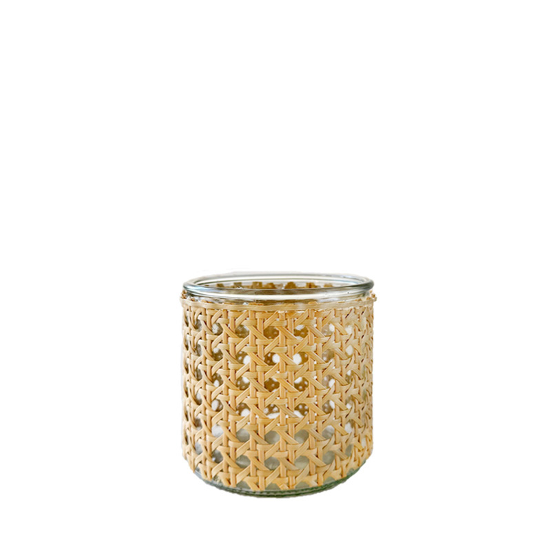 Teelichthalter/ Vase Rattan geflochen, Glas klar [mieten]
