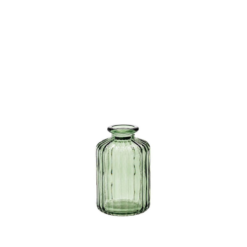 Flaschenvase Rille für Blumen Glas grün mieten für Hochzeit und Event Tischdekoration