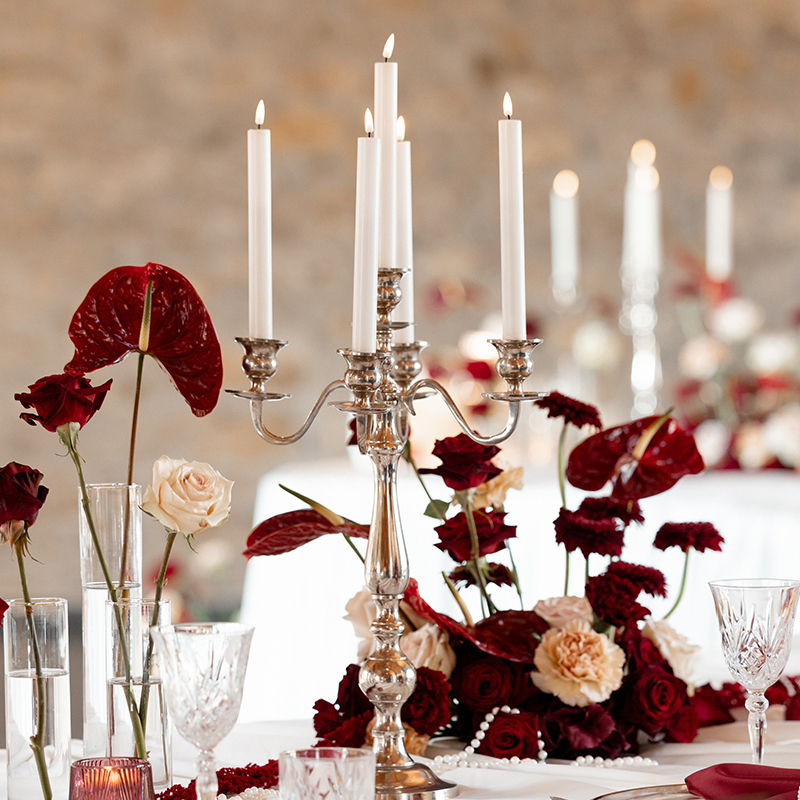 Exklusiver Kerzenständer 5-arm 50cm silber mieten Hochzeit, Feier, Event, Tischdeko