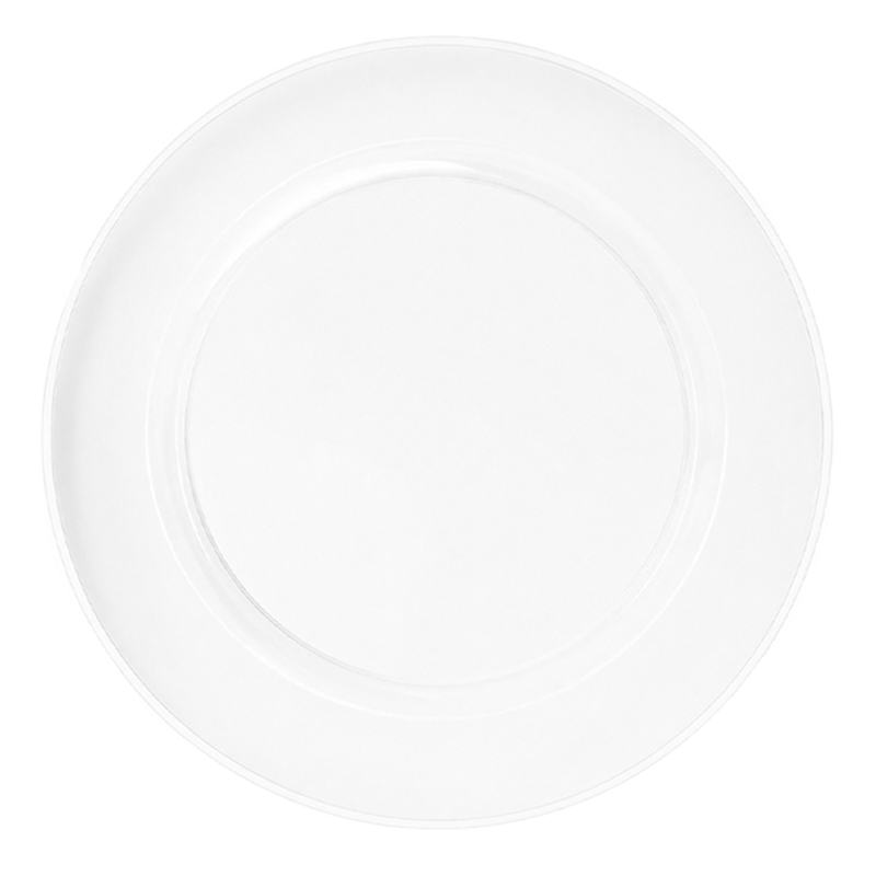 Moderner Platzteller 33cm Glas klar  mit feinem weissem Rand mieten für Hochzeit Event Party Gala