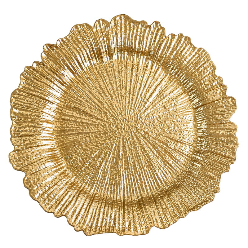 Platzteller 33cm Kunststoff in gold Flower mieten für Hochzeit Party Silvester gala