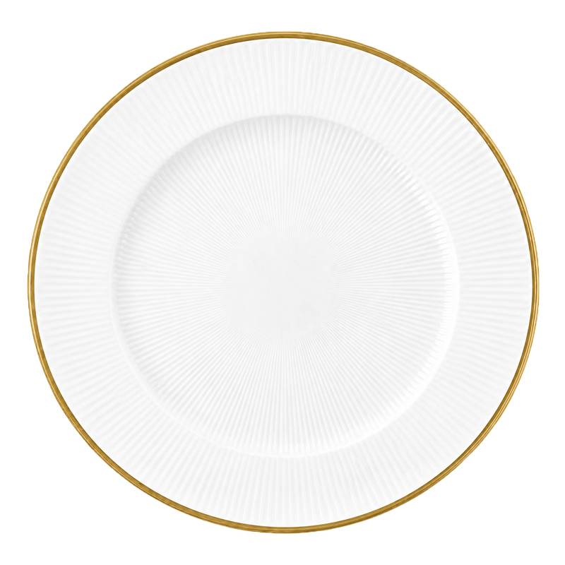 Platzteller 33cm Kunststoff in klar mit Rillenoptik Goldrand mieten für Hochzeit Feier Geburtstag