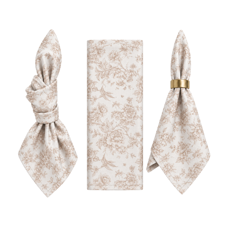 Serviette_Polyester_50x50cm_floral_taupe_Verleih_Hochzeit_Party_Event